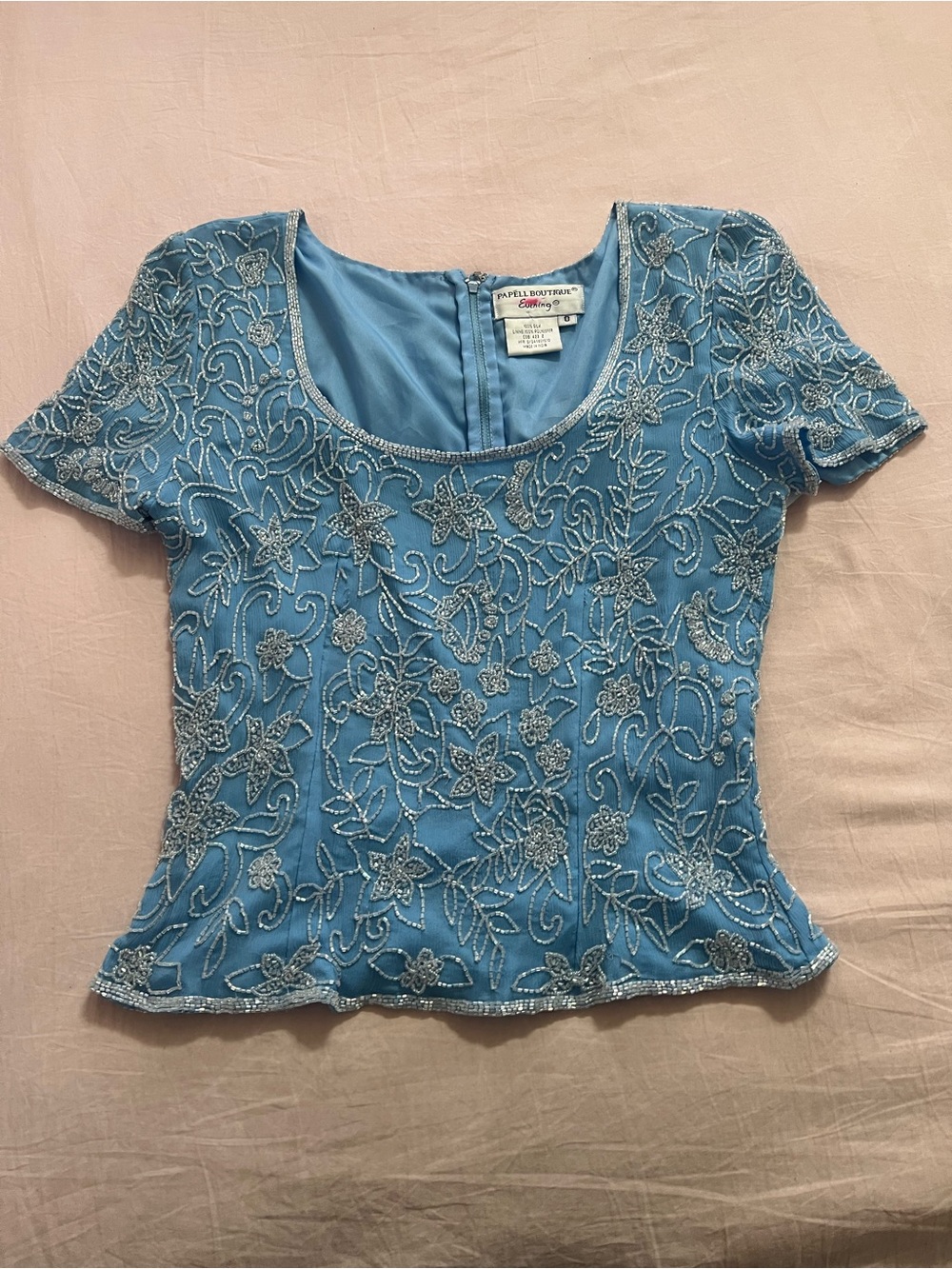 Papell Boutique Fairy Blue Floral Beaded Short Sleeve Top